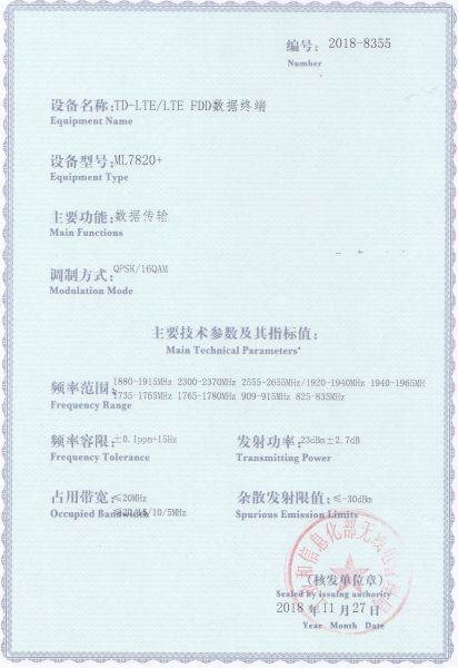 ML7820+ 型號(hào)核準(zhǔn)證